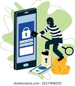 Illustration of a burglar trying to break into a smartphone displaying a login screen with a padlock, surrounded by money