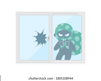 An Illustration Of A Burglary Breaking Through A Window Glass.