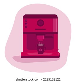 Illustration of a burgundy coffee machine with a mug. Flat style vector