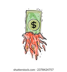 Illustration of burning banknotes. Hand drawn. On a white background