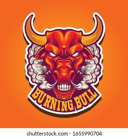 illustration of burning bull with smoke mascot logo premium vector