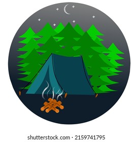 illustration of a burning camp and firewood with a beautiful crescent moon