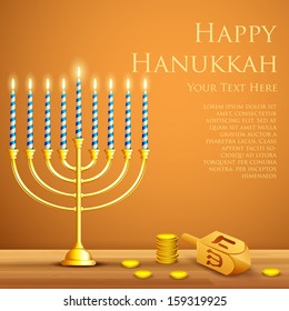 illustration of burning candle in Hanukkah Menorah with Dreidel