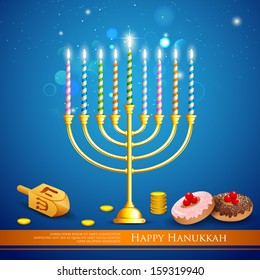 illustration of burning candle in Hanukkah Menorah with dreidel