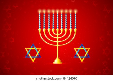 illustration of burning candle in Hanukkah Menorah with star of david