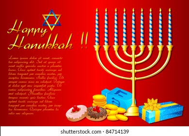 illustration of burning candle in Hanukkah Menorah with gifts