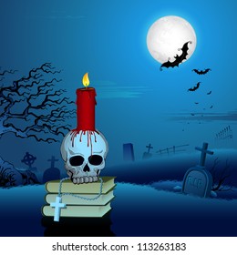 illustration of burning candle on skull in Halloween Night