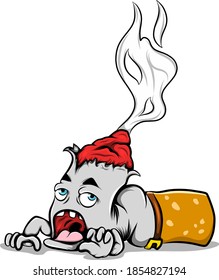 The illustration of the burning cigarette crawling because he tired of the fire in his head