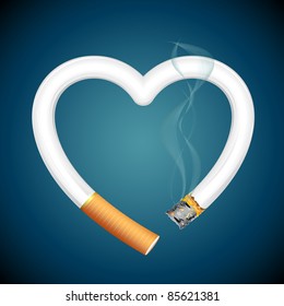 illustration of burning cigarette in shape of heart on abstract background