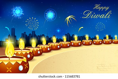 illustration of burning decorated diya in Diwali night