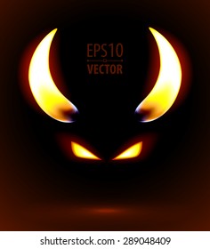 Illustration of burning demonic eyes. Demon vector illustration. Halloween concept. Scary eyes on fire with demon flaming horns. Vector Devil. Evil eyes 