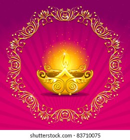 illustration of burning diwali  diya on floral background