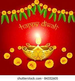 Illustration Burning Diwali Diya On Floral Stock Vector (Royalty Free ...