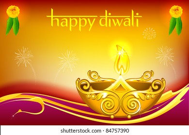 illustration of burning diwali  diya on floral background