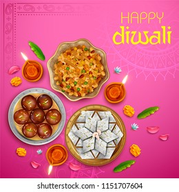 ilustración de la quema de diya con variedad de dulces y bocadillos en el Feliz Día Diwali de fondo para el festival de la luz de India