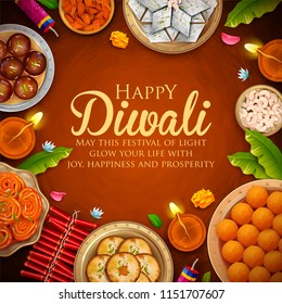 illustration of burning diya with assorted sweet and snack on Happy Diwali Holiday background for light festival of India