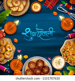 illustration of burning diya with assorted sweet and snack on Happy Diwali Holiday background for light festival of India message in Hindi meaning Happy Dipawali