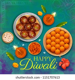 illustration of burning diya with assorted sweet and snack on Happy Diwali Holiday background for light festival of India