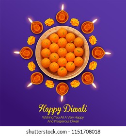 illustration of burning diya with assorted sweet and snack on Happy Diwali Holiday background for light festival of India