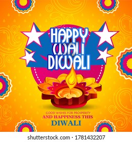 illustration of burning diya, decorated diya on Happy Diwali Holiday background for light festival of India