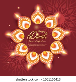 Illustration of burning diya for Diwali festival, beautiful header background with lots of lights for celebration of Diwali Indian festival.