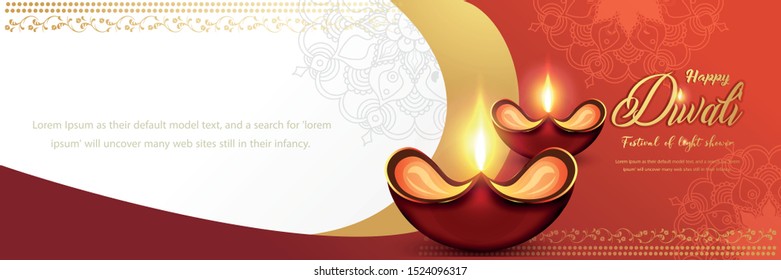 illustration of burning diya for Diwali festival, beautiful header background with lots of lights for celebration of Diwali Indian festival.
