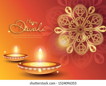 illustration of burning diya for Diwali festival, beautiful header background with lots of lights for celebration of Diwali Indian festival.