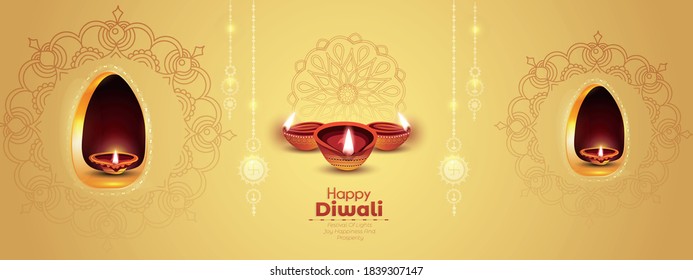 illustration of burning diya for Diwali festival, beautiful header background with lots of lights for celebration of Diwali Indian festival.