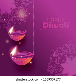 illustration of burning diya for Diwali festival, beautiful header background with lots of lights for celebration of Diwali Indian festival.