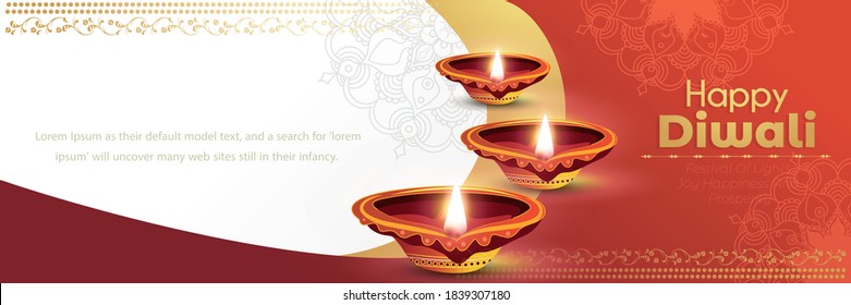 illustration of burning diya for Diwali festival, beautiful header background with lots of lights for celebration of Diwali Indian festival.