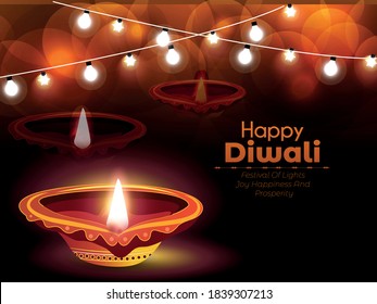 illustration of burning diya for Diwali festival, beautiful header background with lots of lights for celebration of Diwali Indian festival.