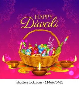 Illustration von brennendem Diya und Firecracker auf Happy Diwali Feiertag-Hintergrund für das indische Lichtfestival