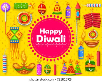 illustration of burning diya and firecracker on Happy Diwali Holiday background for light festival of India