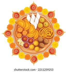 illustration of burning diya and marigold flowers with assorted sweet and snack for light festival of India. Diwali Holiday background 