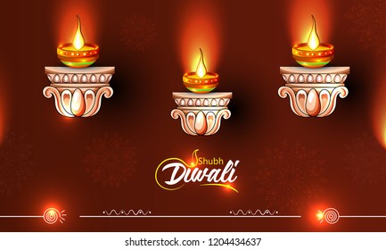 illustration of burning diya on Diwali, brown background for light festival of India with Shubh Diwali illustration of burning diya on Diwali, brown background for light festival of India with Shubh Diwali