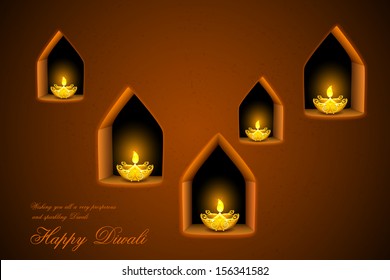 illustration of burning diya on Diwali Holiday background