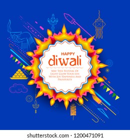 illustration of burning diya on Happy Diwali Holiday background for light festival of India