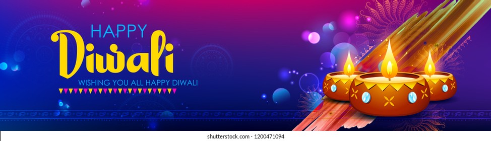 illustration of burning diya on happy Diwali Holiday background for light festival of India