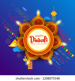 illustration of burning diya on Happy Diwali Holiday background for light festival of India