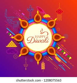 illustration of burning diya on Happy Diwali Holiday background for light festival of India