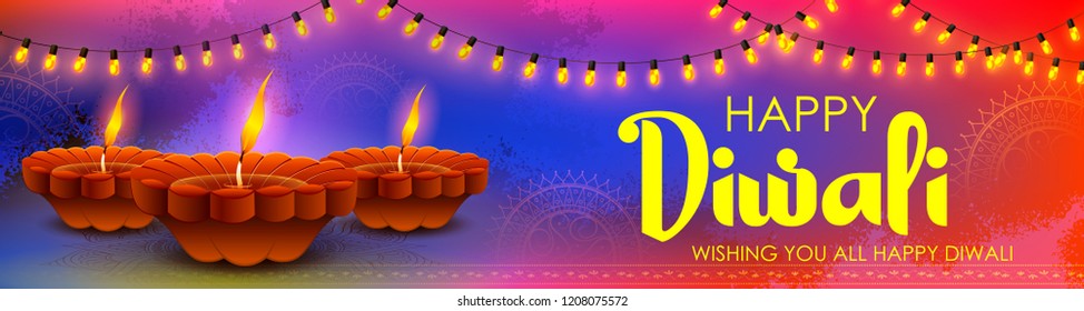 illustration of burning diya on happy Diwali Holiday background for light festival of India