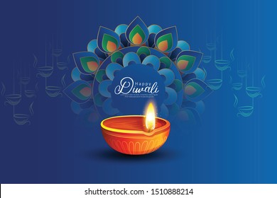 illustration of burning diya on Happy Diwali white background for light festival of India