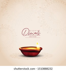 illustration of burning diya on Happy Diwali white background for light festival of India