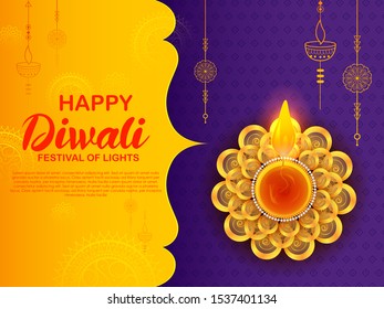 illustration of burning diya on happy Diwali Holiday background for light festival of India