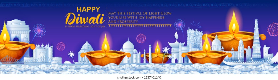 illustration of burning diya on happy Diwali Holiday background for light festival of India