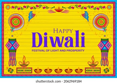 Illustration Of Burning Diya On Happy Diwali Holiday Kitsch Truck Style Background For Light Festival Of India