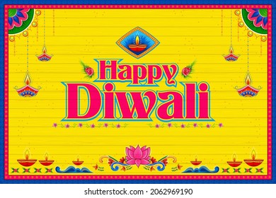 Illustration Of Burning Diya On Happy Diwali Holiday Kitsch Truck Style Background For Light Festival Of India