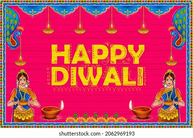 Illustration Of Burning Diya On Happy Diwali Holiday Kitsch Truck Style Background For Light Festival Of India