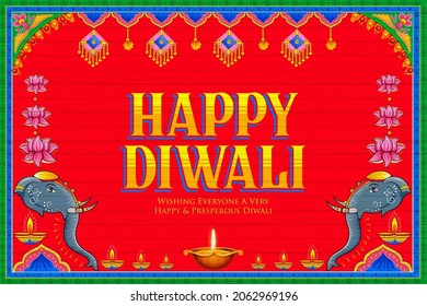 Illustration Of Burning Diya On Happy Diwali Holiday Kitsch Truck Style Background For Light Festival Of India