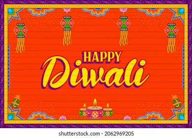 Illustration Of Burning Diya On Happy Diwali Holiday Kitsch Truck Style Background For Light Festival Of India